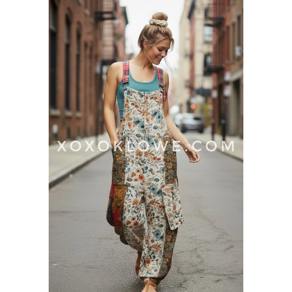 POL Beige Floral Patchwork Jogger Style Overalls | Lightweight Cotton Jumpsuit